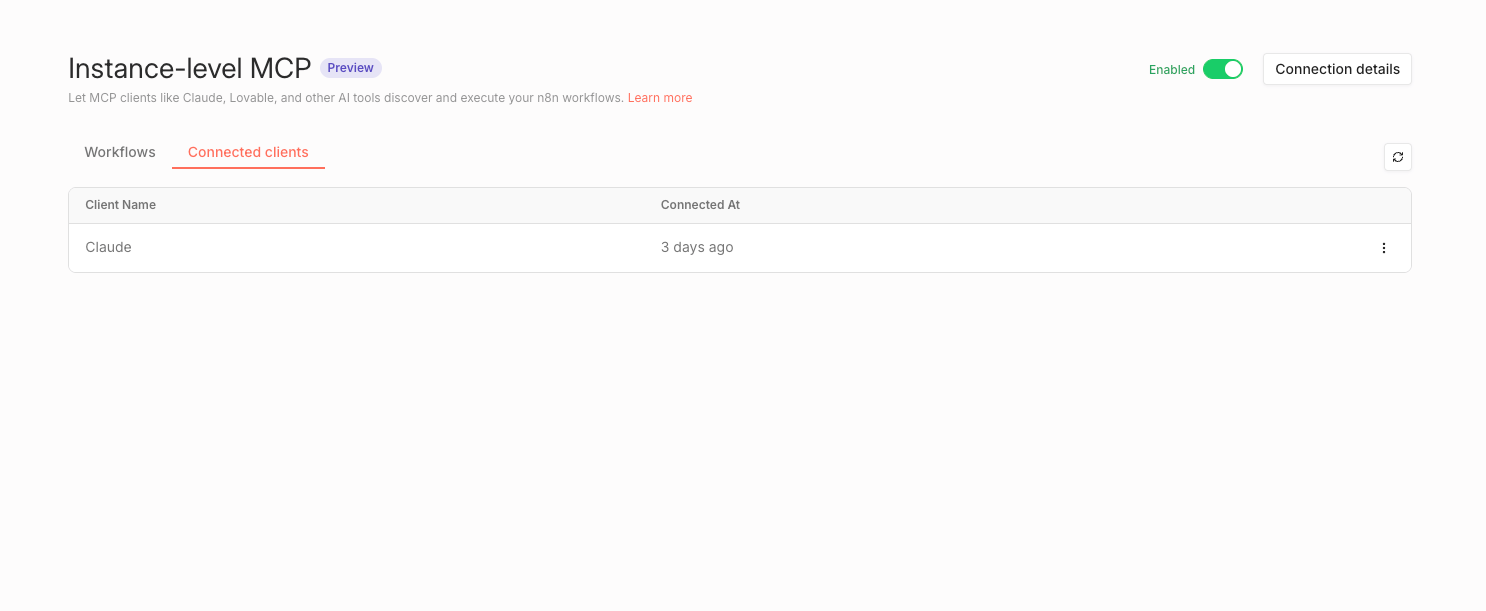 Menu Settings N8N avec l'option Instance-level MCP